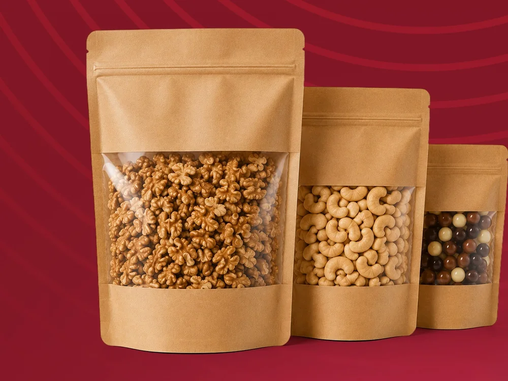 Geniş Pencereli Kraft Doypack — Ön yüzü boydan boya pencereli kraft doypack; içerik tam görünür.