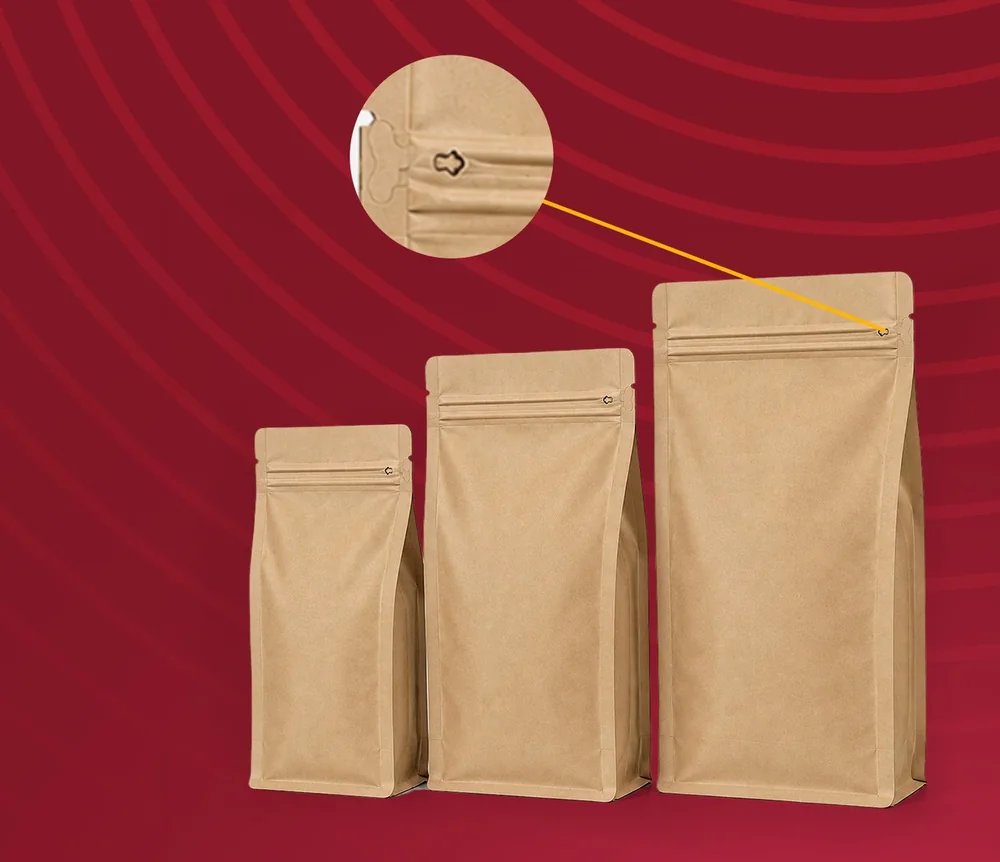 Pocket Kilitli Kraft Metalize Flat Bottom — Kare tabanlı, pocket kilitli kraft ambalaj; rafta kutu gibi dik durur.