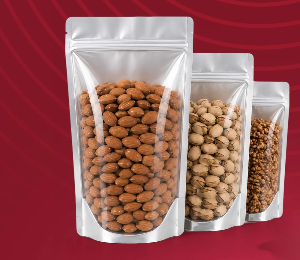 Şeffaf Metalize Doypack — Ön yüzü boydan boya şeffaf, kenarları gümüş metalize kilitli doypack.